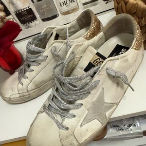 Golden Goose Women's White and Silver Sneakers with Gold Accents